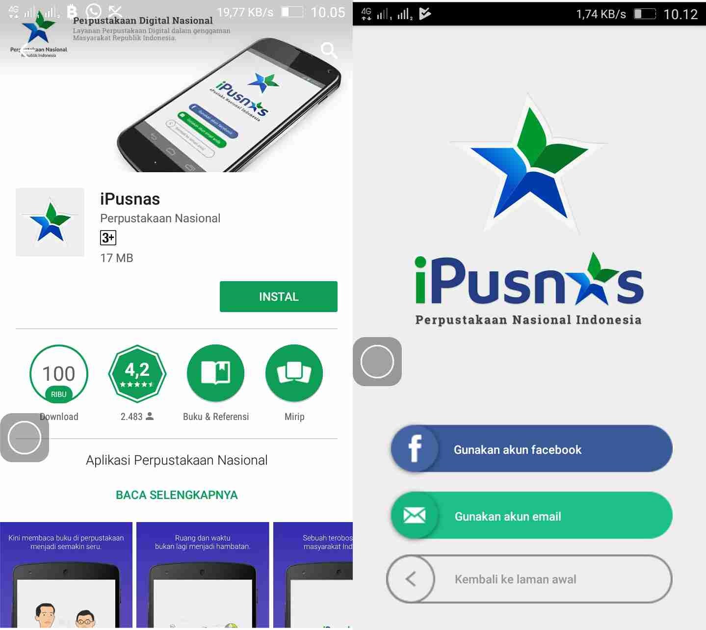 Tangkapan layar antarmuka aplikasi iPusnas menampilkan katalog buku digital dan tombol 'Pinjam' resmi.