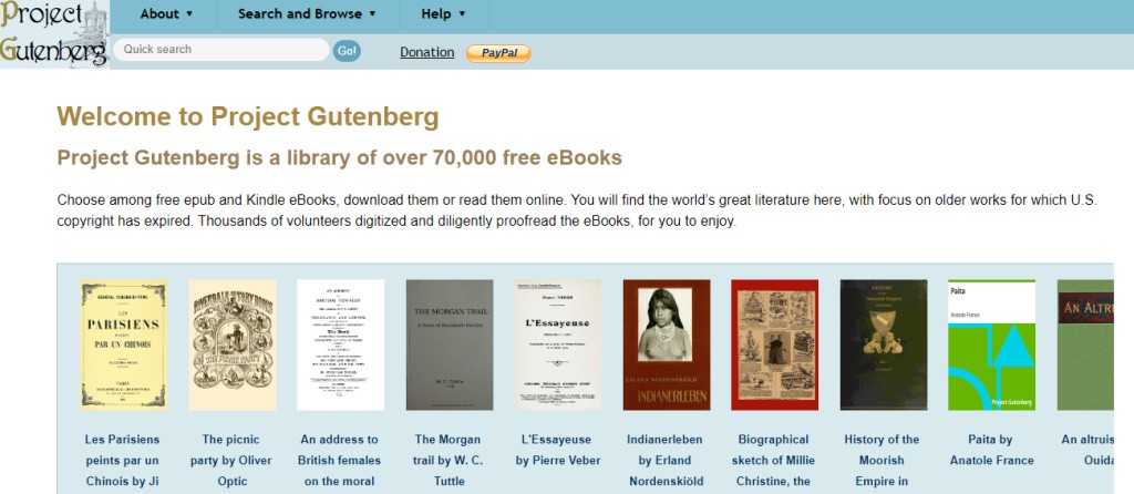 Laman antarmuka Project Gutenberg di peramban tablet memperlihatkan format unduhan EPUB dan Kindle.