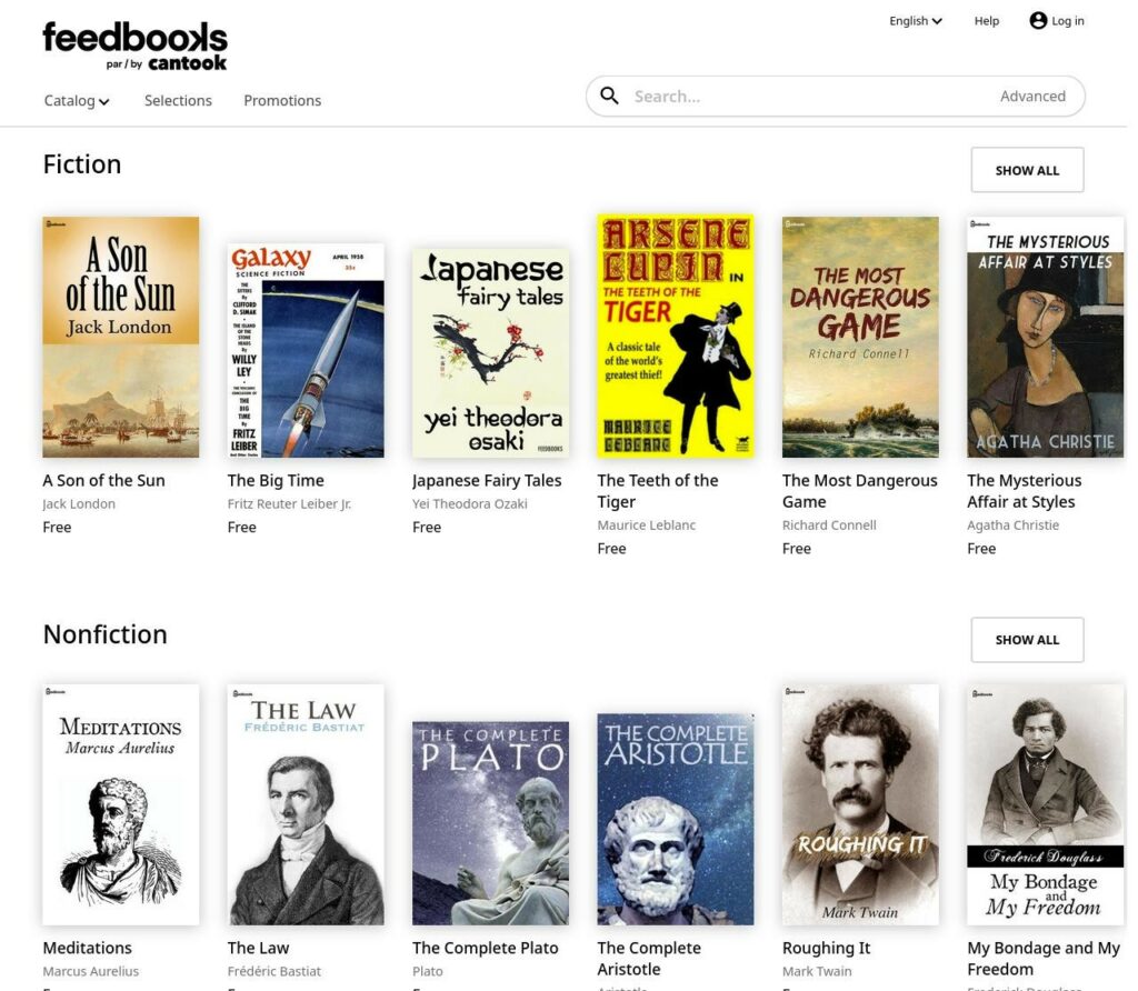 Tampilan rak kategori 'Public Domain Books' di situs Feedbooks dengan sampul buku yang terformat rapi.