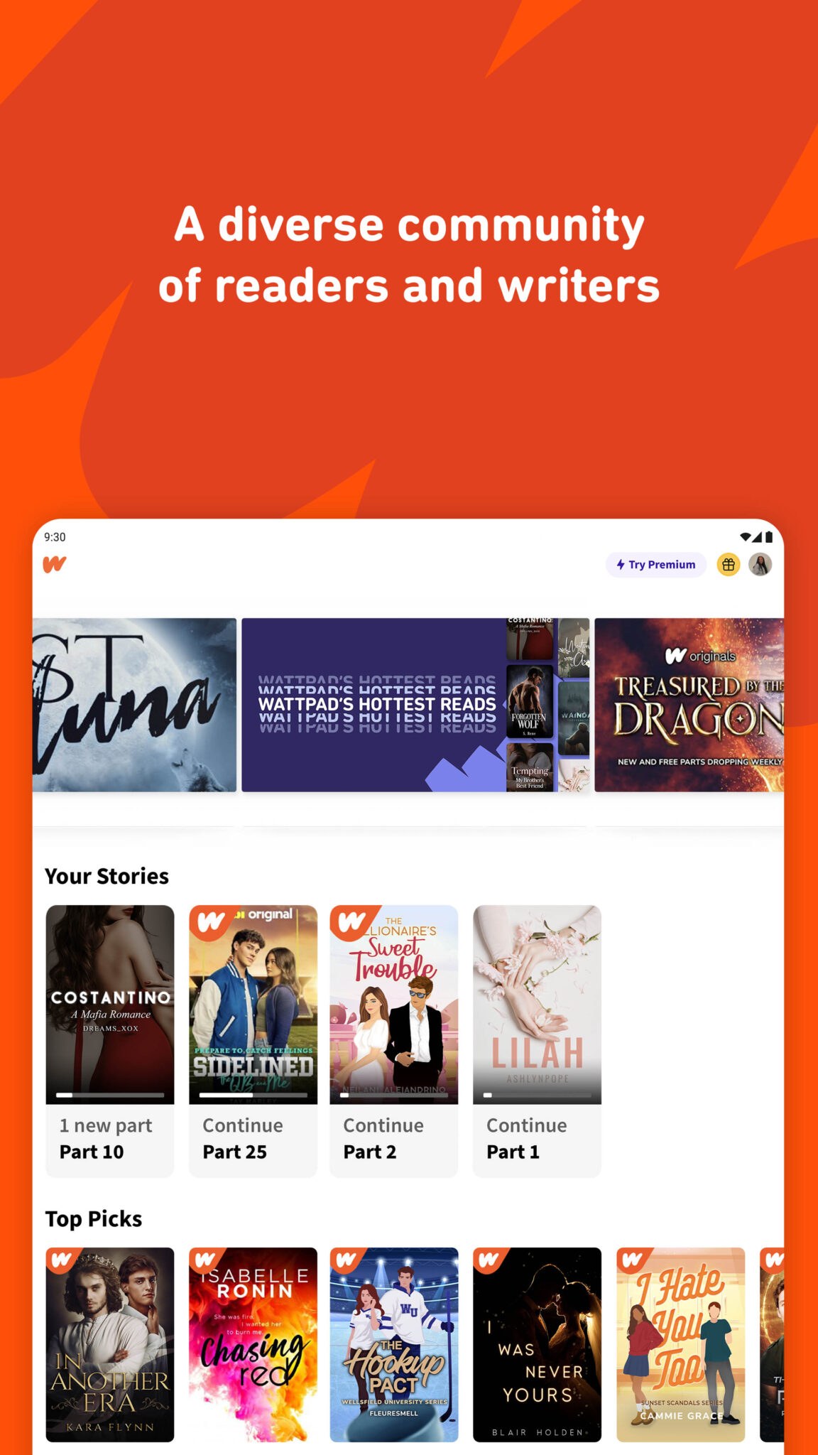 Layar feeds tren cerita Wattpad dengan jutaan tanda baca (reads) dari genre romansa dan misteri.