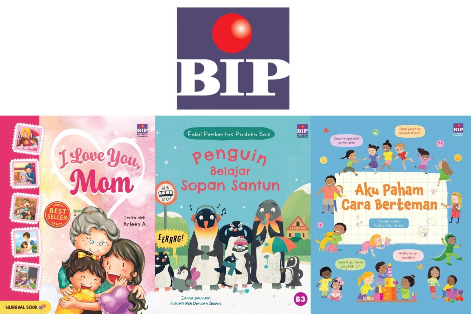 Deretan logo dan terbitan buku anak dari penerbit terpercaya (Penerbit Mizan, BIP, Noura Kids).