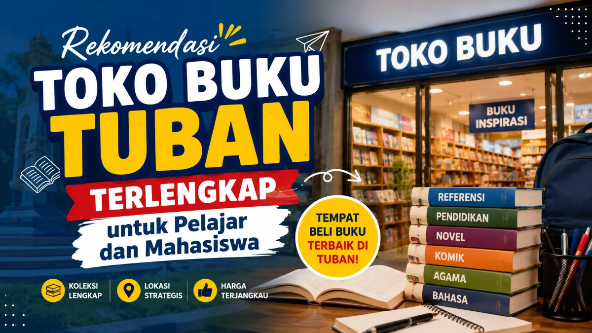 Pengunjung sedang duduk membaca di bangku kayu toko buku dengan tenang tanpa terburu-buru.
