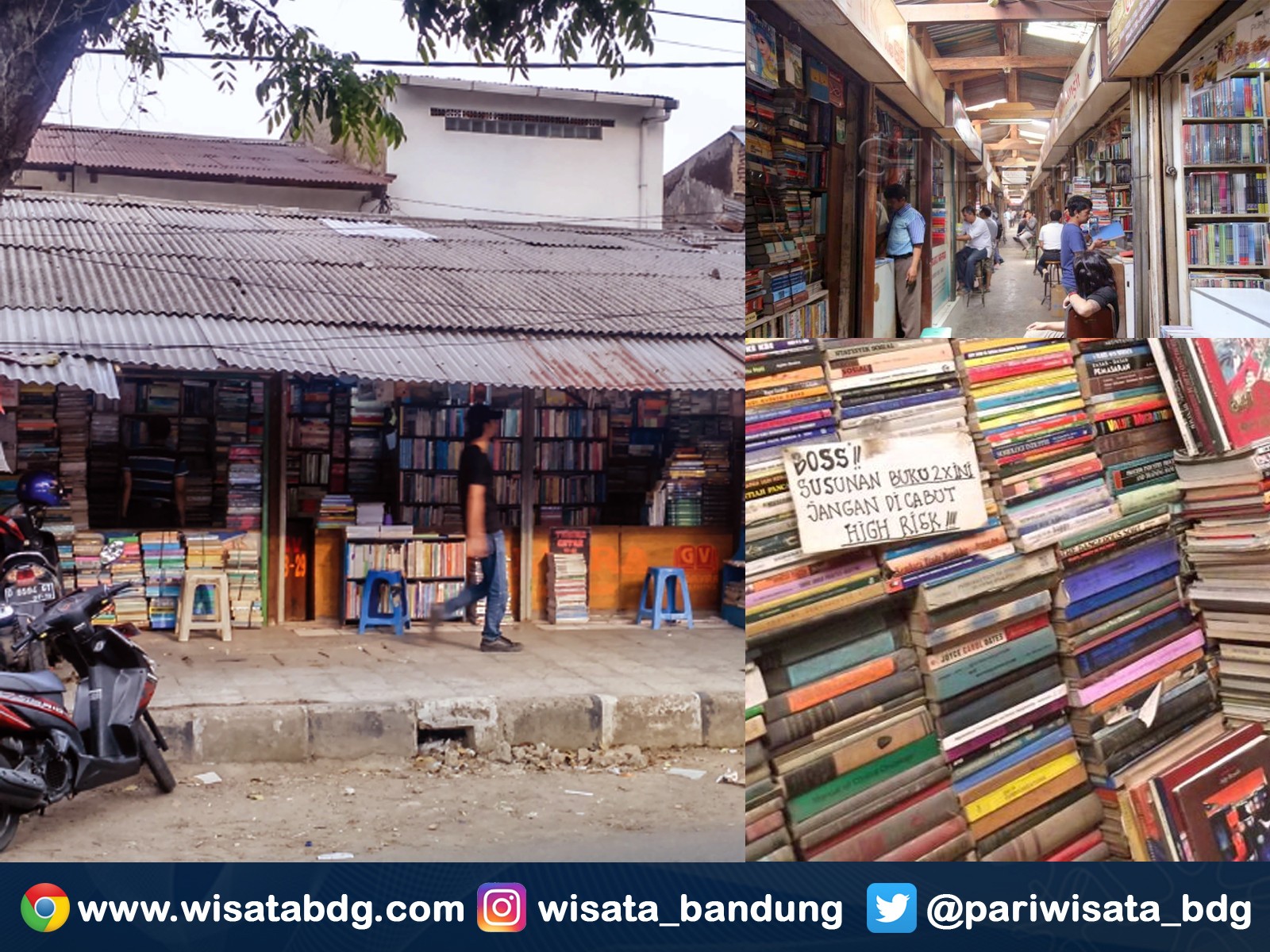 Deretan kios buku Palasari dengan tumpukan buku kuliah, novel sastra lawas, dan kamus tebal bertingkat.